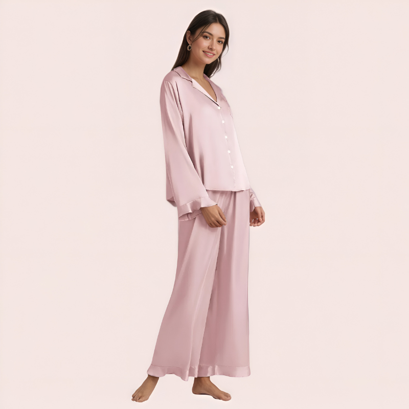 Ruffled Satin Long Sleeve Pajama Set