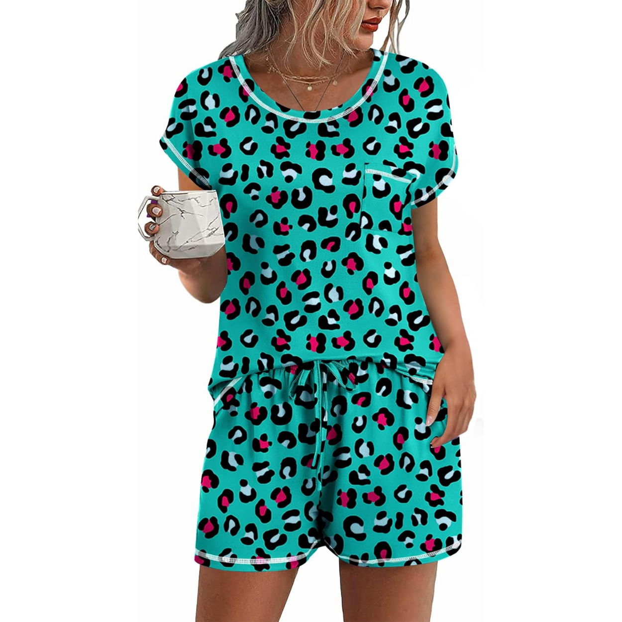 2 Piece Comfortable Pajama Set With Short Sleeve Top And Pocket Shorts For Women