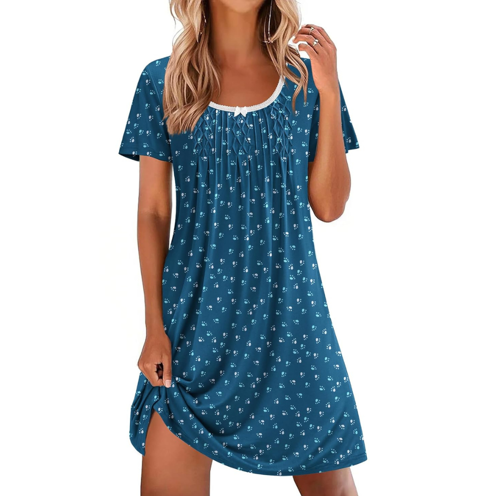 Casual Nightgown Lace Trim Short Sleeve Sleepwear Dress For Women