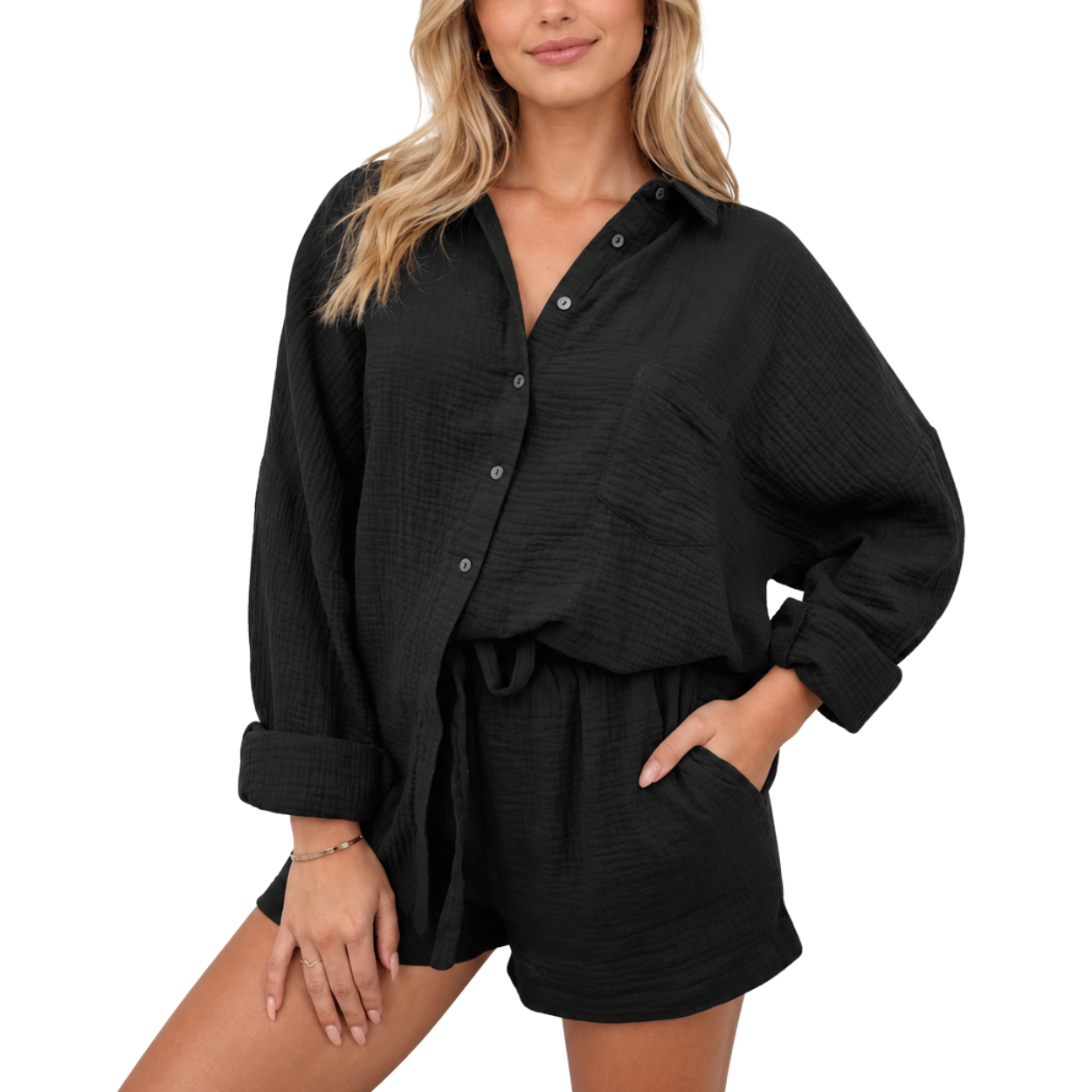 2 Piece Matching Lounge Set With Oversized Shirt And Shorts For Women