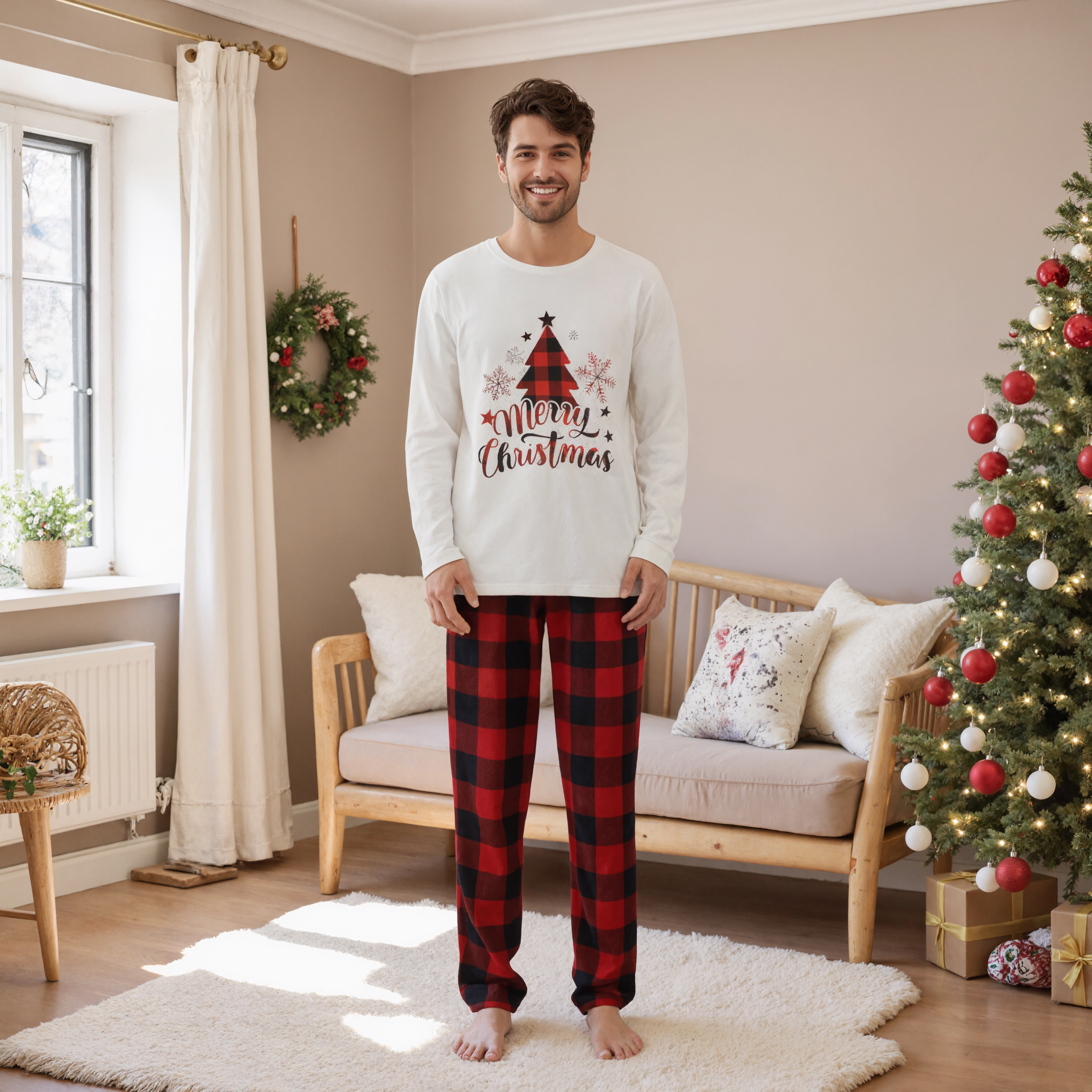 Merry Christmas Tree and Plaid Print Family Matching Pajama Sets