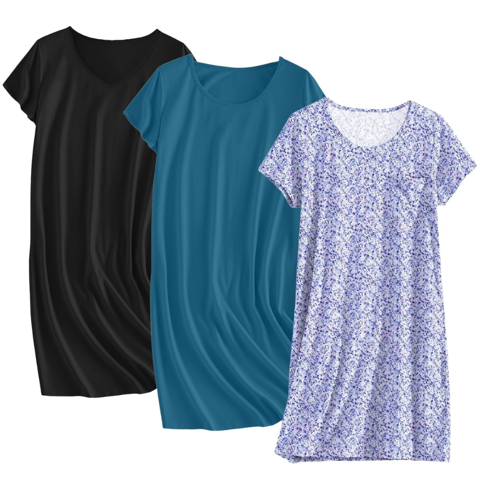 Pack Of 3 Soft Short Sleeve Sleepwear Dresses for Wo
