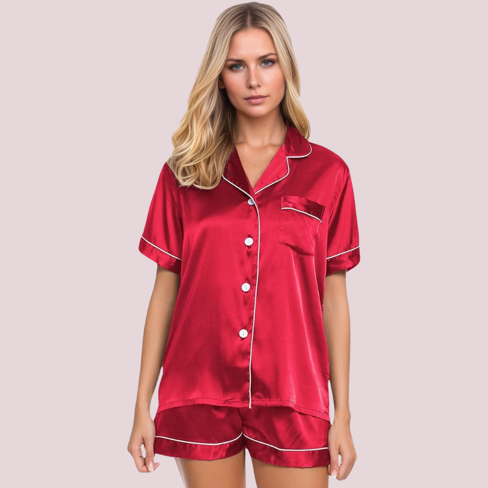Women Satin Pajama Set Short Sleeve Top and Shorts