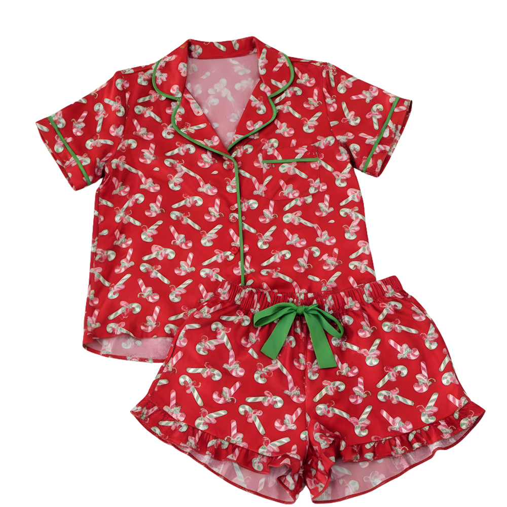 Christmas Candy Cane Print Pajama Short Set For Women