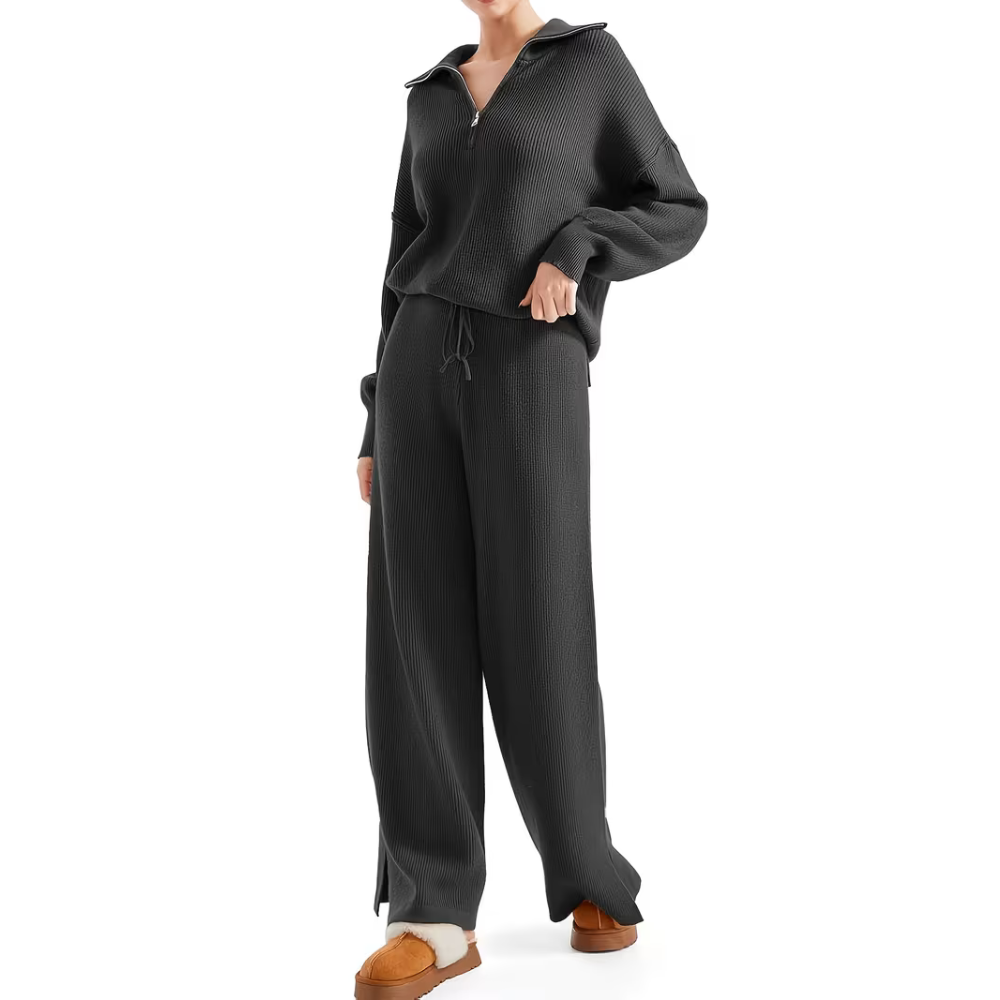 Zip Collar Knit Top Pant Set