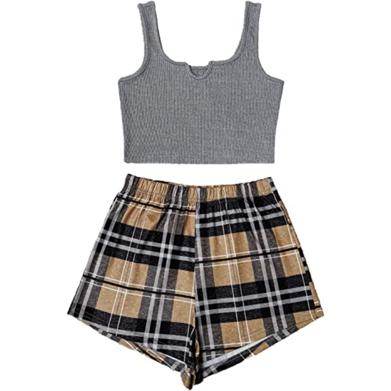 Women's 2 Piece Sleeveless Button Crop Tank Tops & Shorts Lounge Set-Original Pajamas