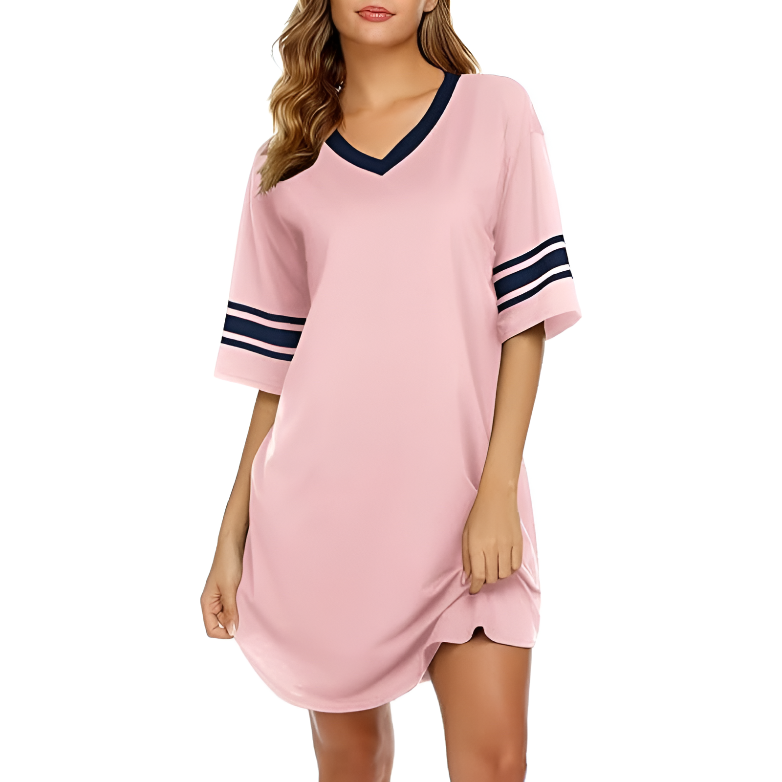 Nightgown Sleepwear With Short Sleeves And Color Block For Women