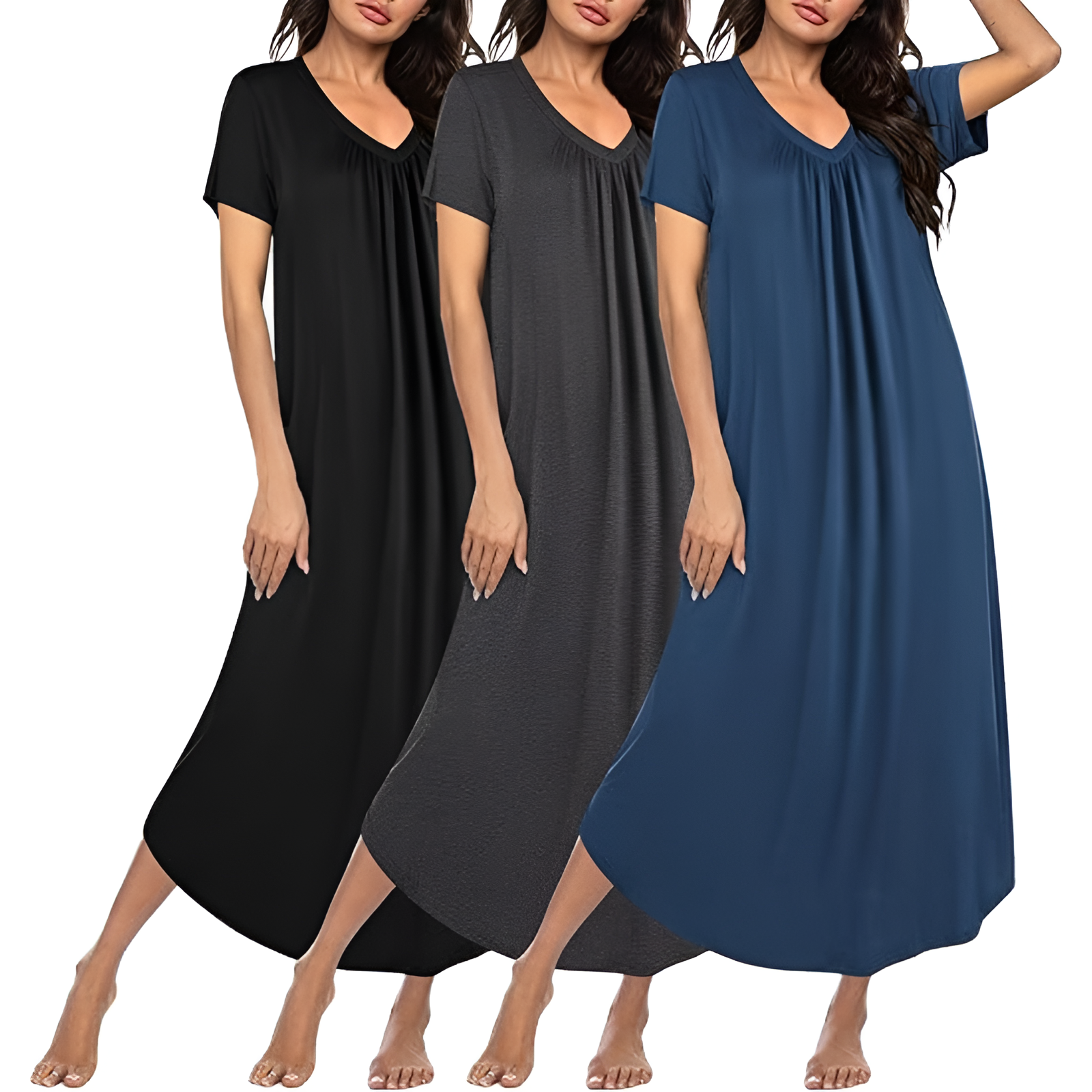 Pack Of 3 Long Nightgowns For Women With Short Sleeves