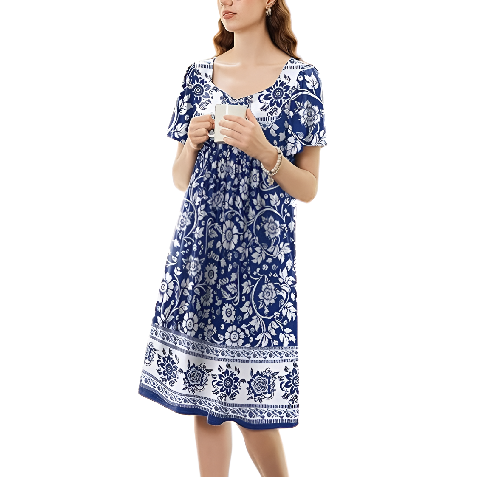Pleated Nightgown With Short Sleeves And Pockets For Women