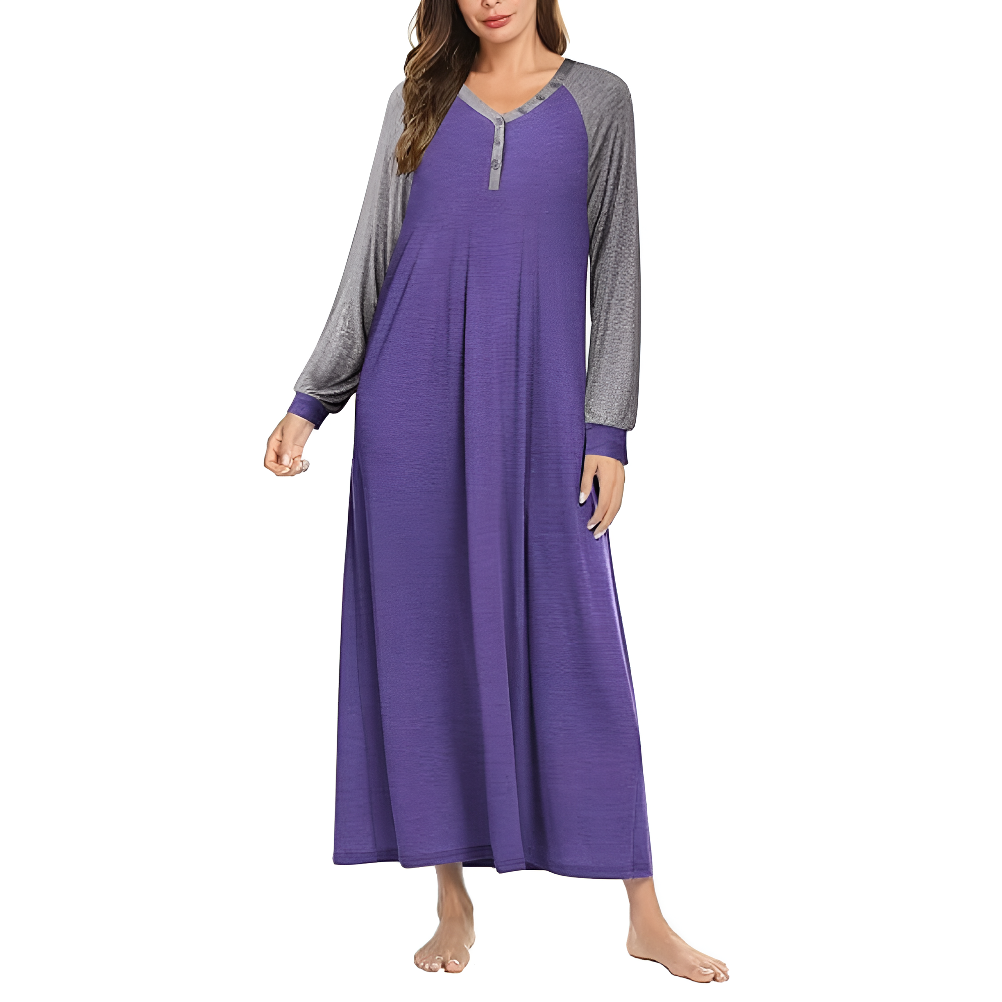 Long Sleeve Plaid Nightgown Button Front Sleep Dress For Women