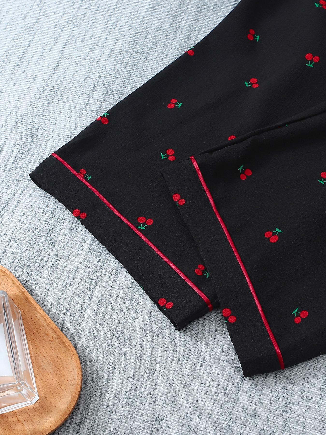 Women's 3-Piece Pajama Set, Cherry Print Button Front Top & Shorts Pants, Comfortable Sleepwear for Ladies, Casual Nightwear, Loungewear, Pyjamas