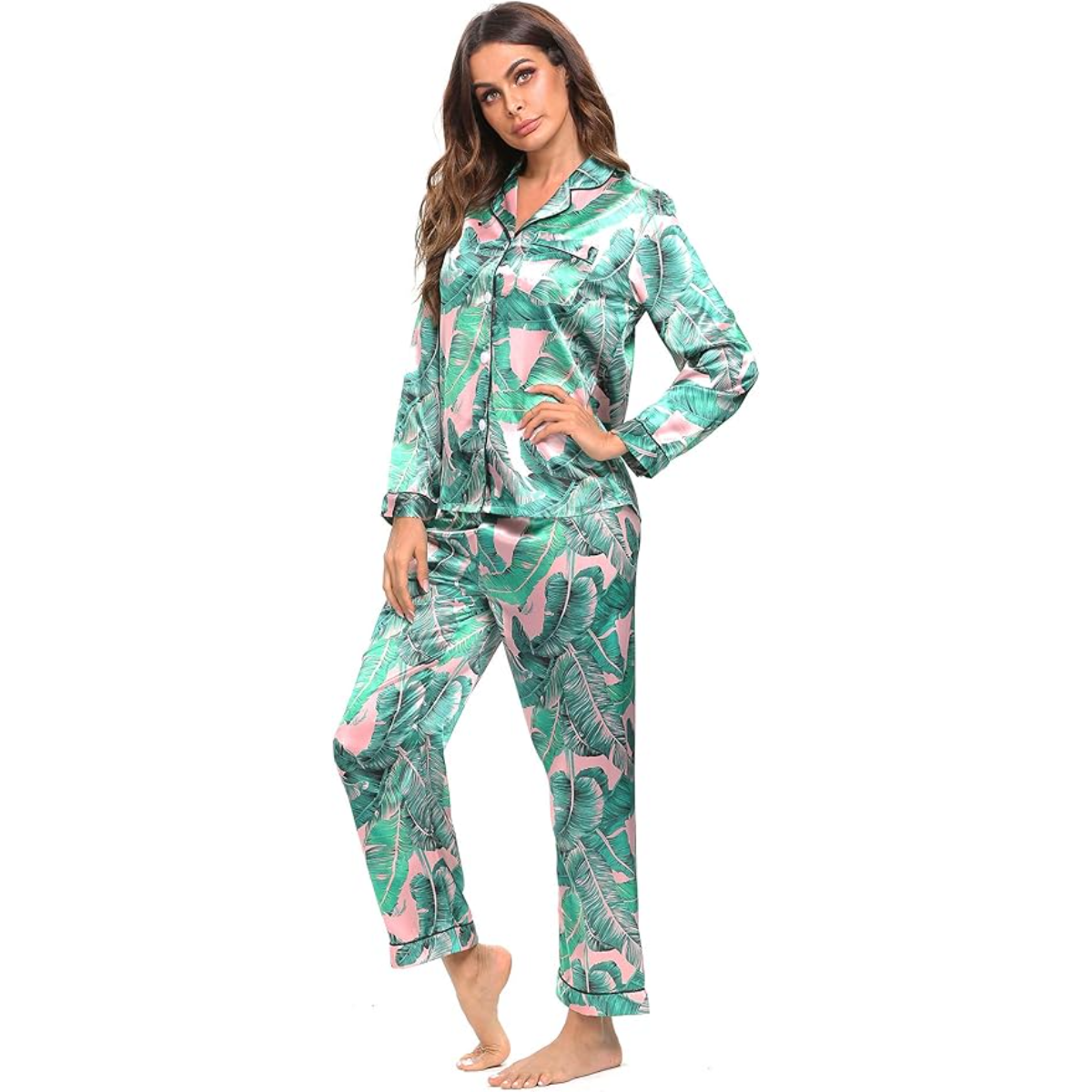Long Sleeve Printed Button Down Satin Pajama Set-Original Pajamas