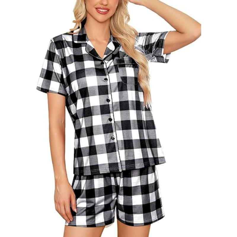 Plaid Print Short Sleeve Button Down Sleepwear Set-Original Pajamas