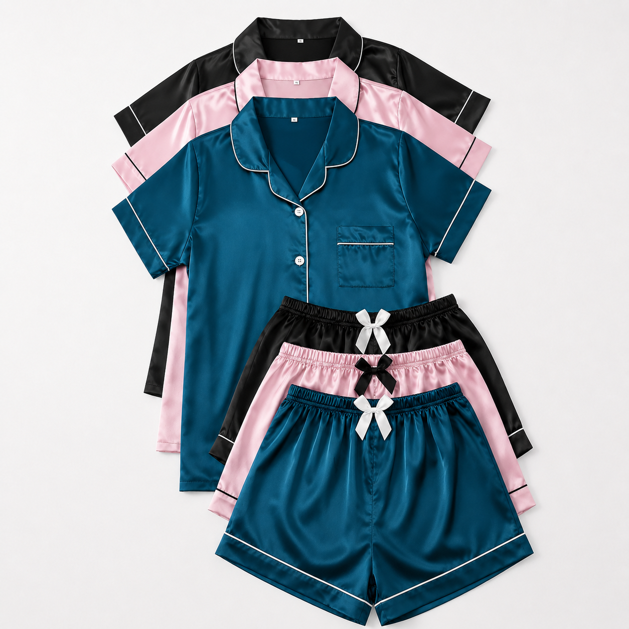 Solid Contrast Binding Bow Decor Pajama Set Sleeve Loungewear For Women