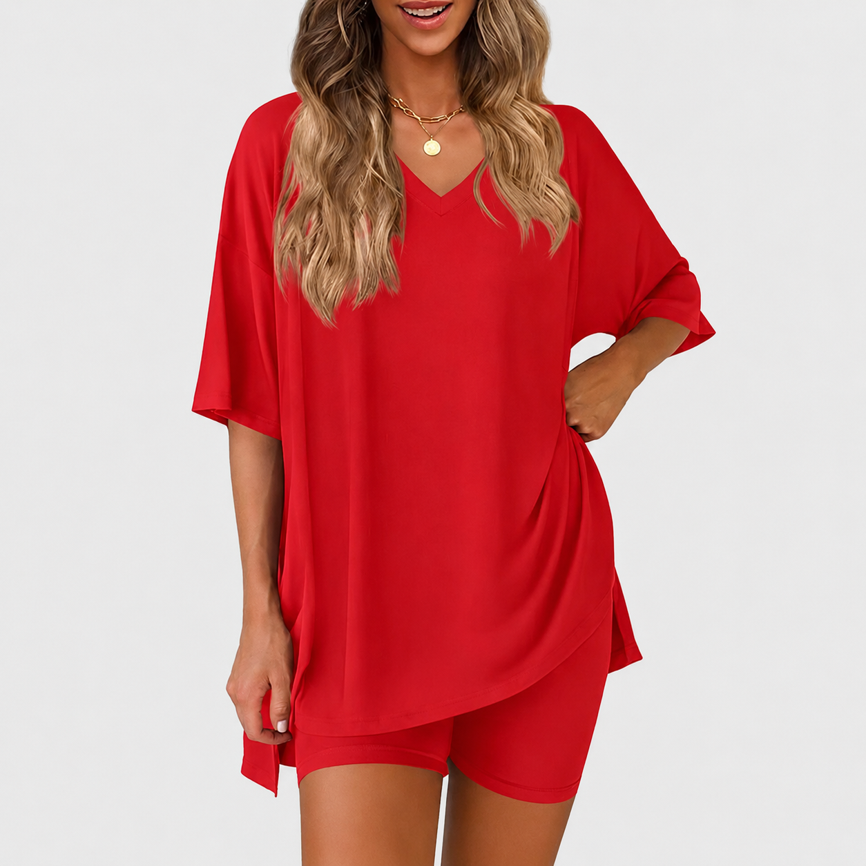 Casual Solid 2 Piece Loungewear Set Shorts For Women