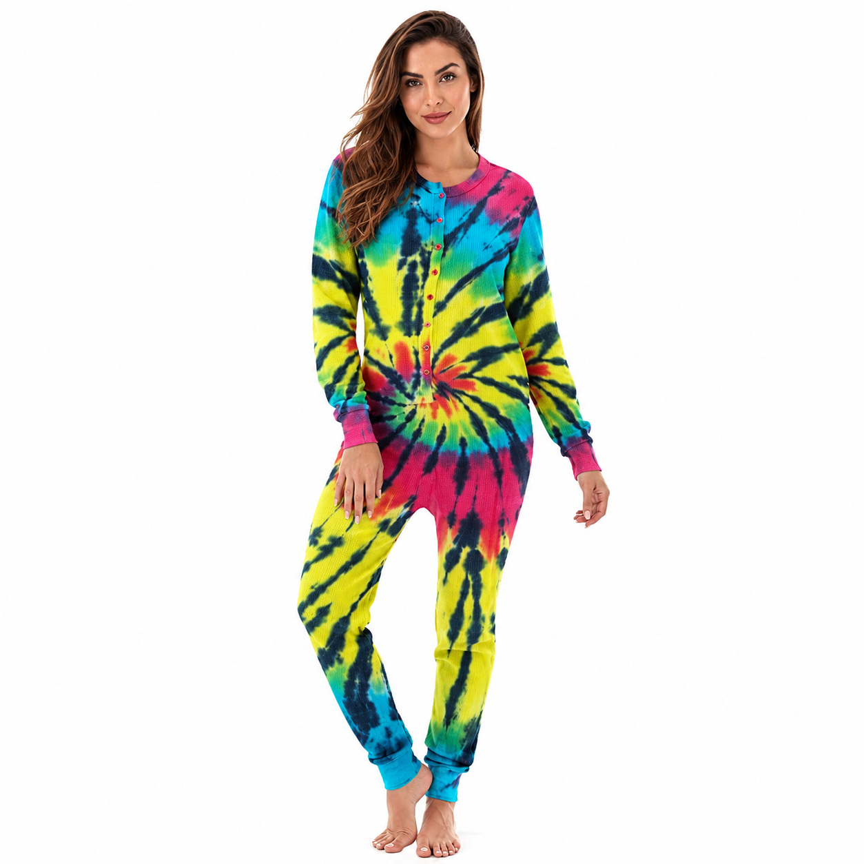 Tie Dye Henley Thermal Lounge Onesie For Women