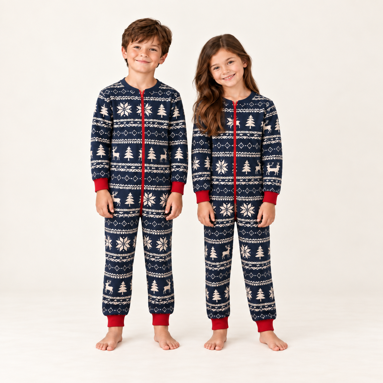 Christmas Family Matching Pajama Onesie in Navy Fair Isle Reindeer Print with Zip Front for Women, Men, Kids, Baby and Dog