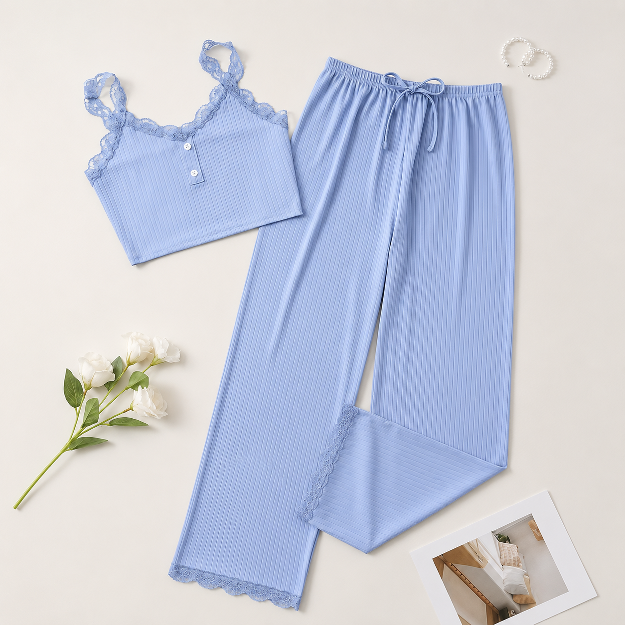 Lace Trim Camisole Pants Pajama Set For Women