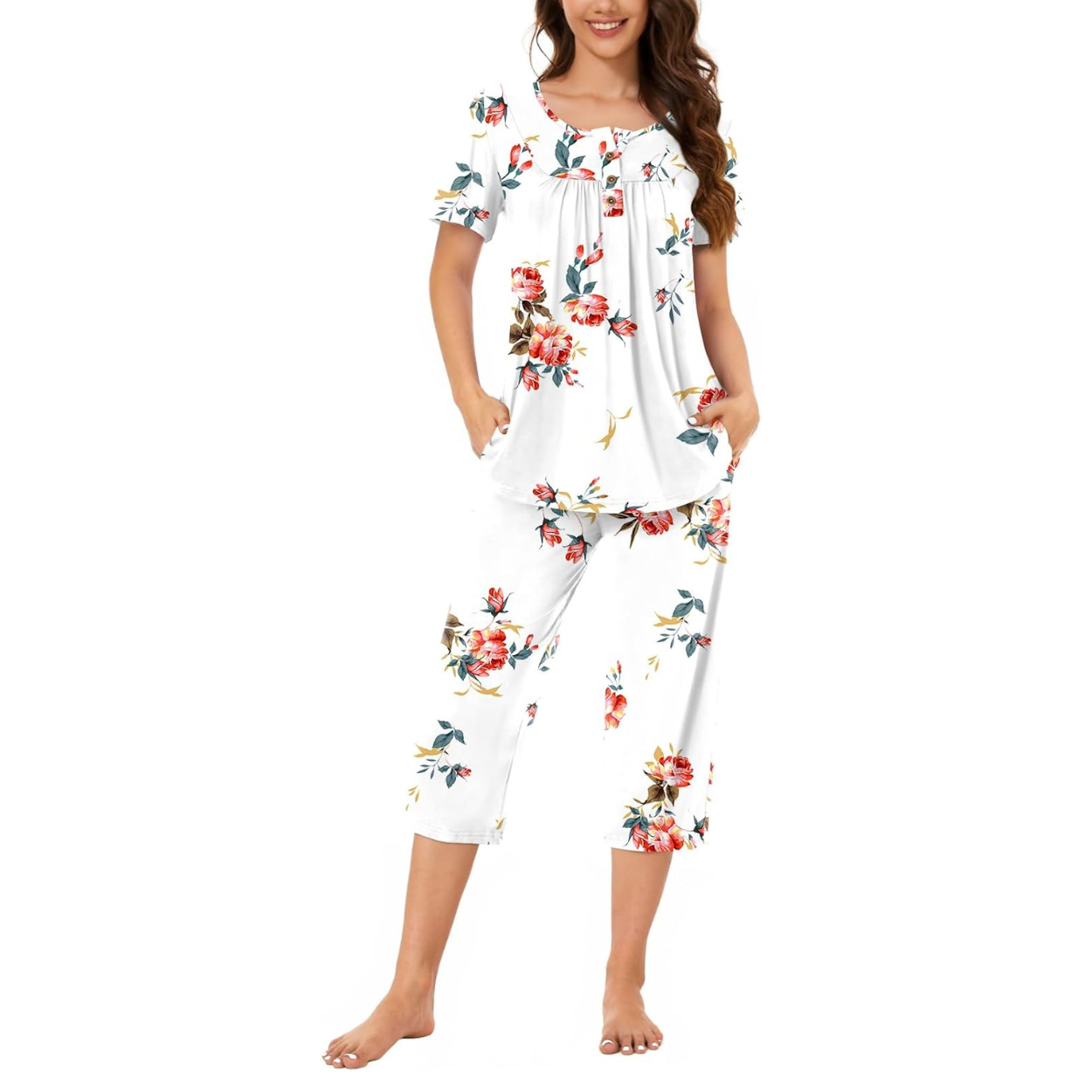 2 Piece Summer Pajama Set with Capri Pants For Women