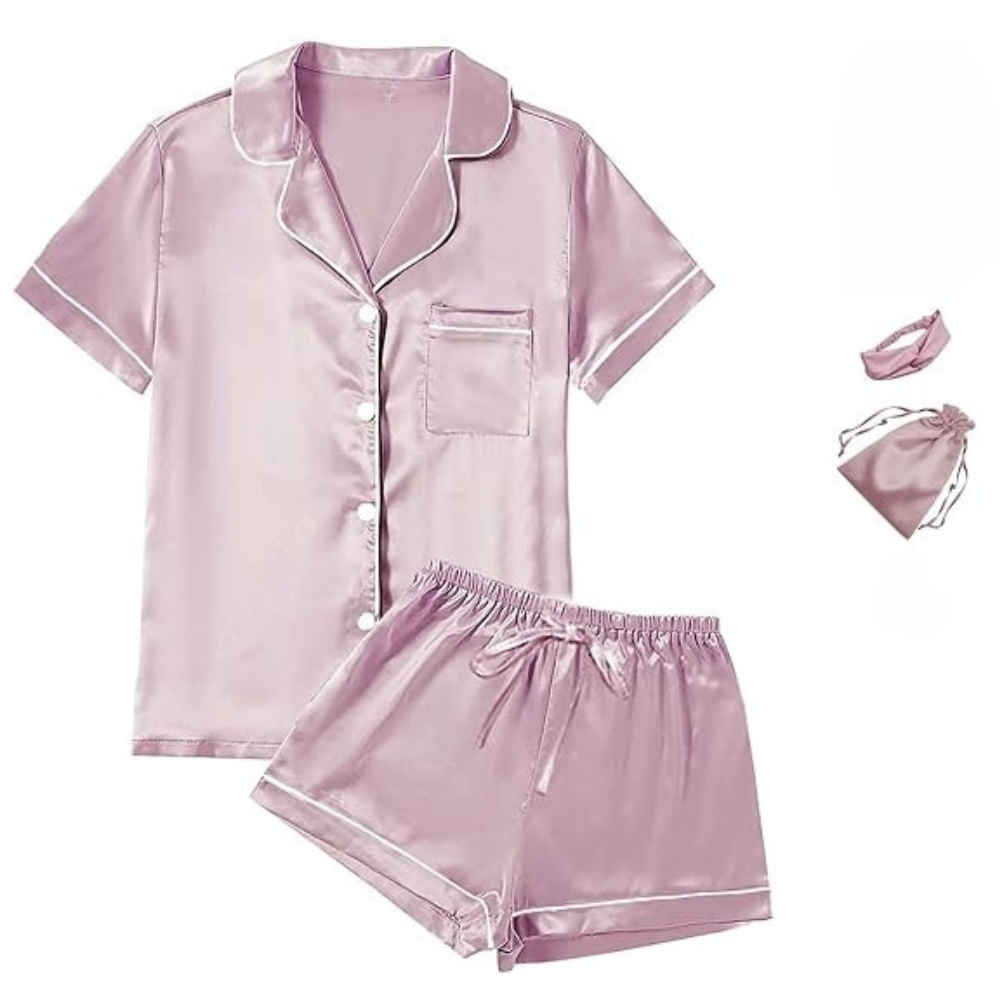 4Pcs Womens Satin Silky Short Sleeve Shirt Pajamas Set