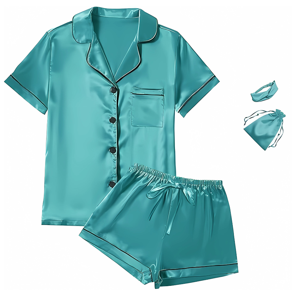 4Pcs Womens Satin Silky Short Sleeve Shirt Pajamas Set