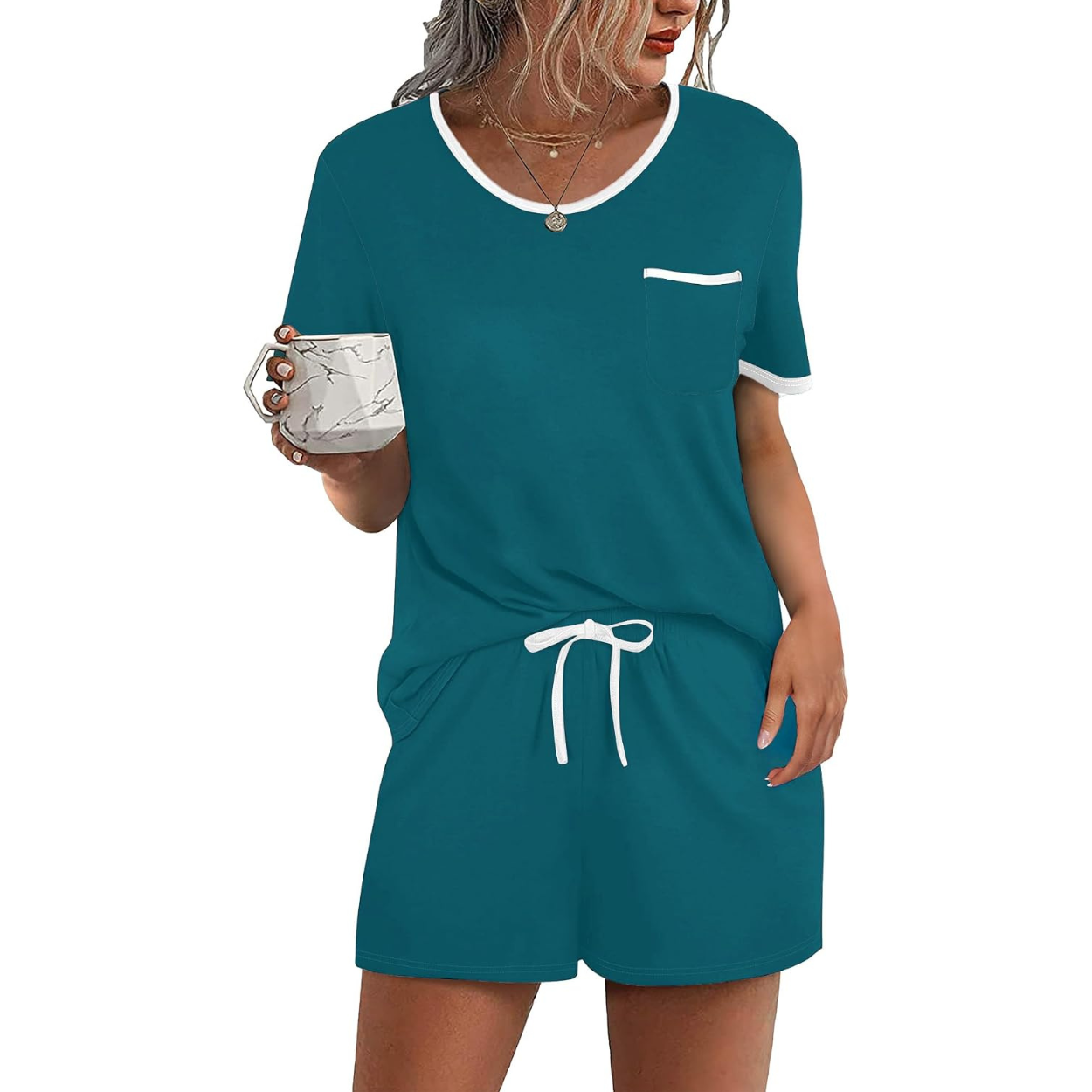 2 Piece Pajama Set With Short Sleeve Top and Shorts For Women