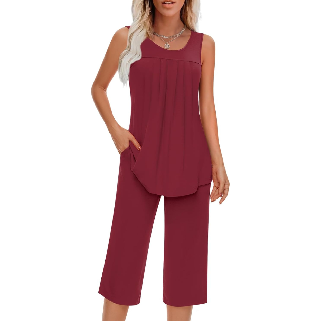 2 Piece Pajama Set Soft Summer Sleeveless Tank Top And Pants With Pockets For Women