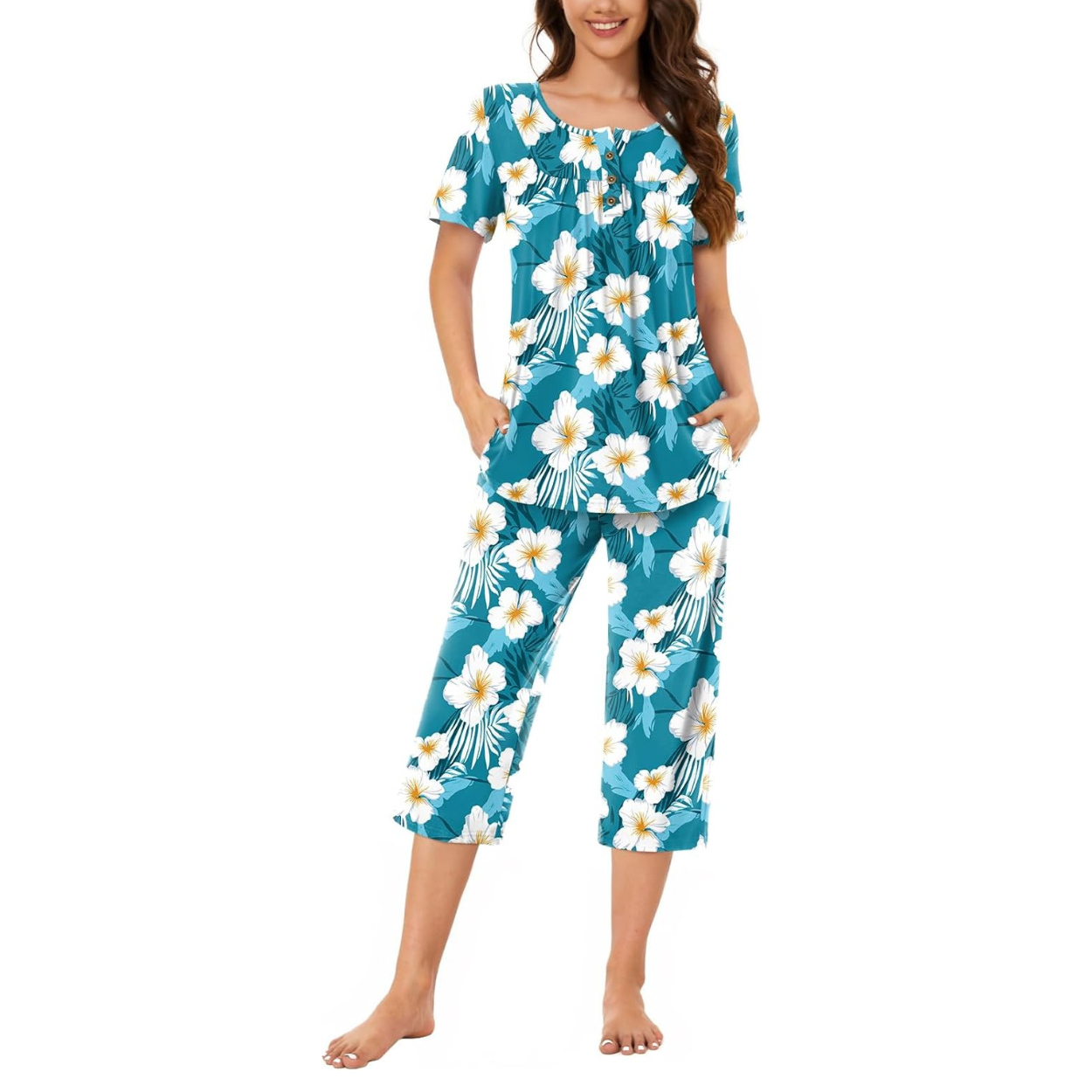 2 Piece Summer Pajama Set with Capri Pants For Women