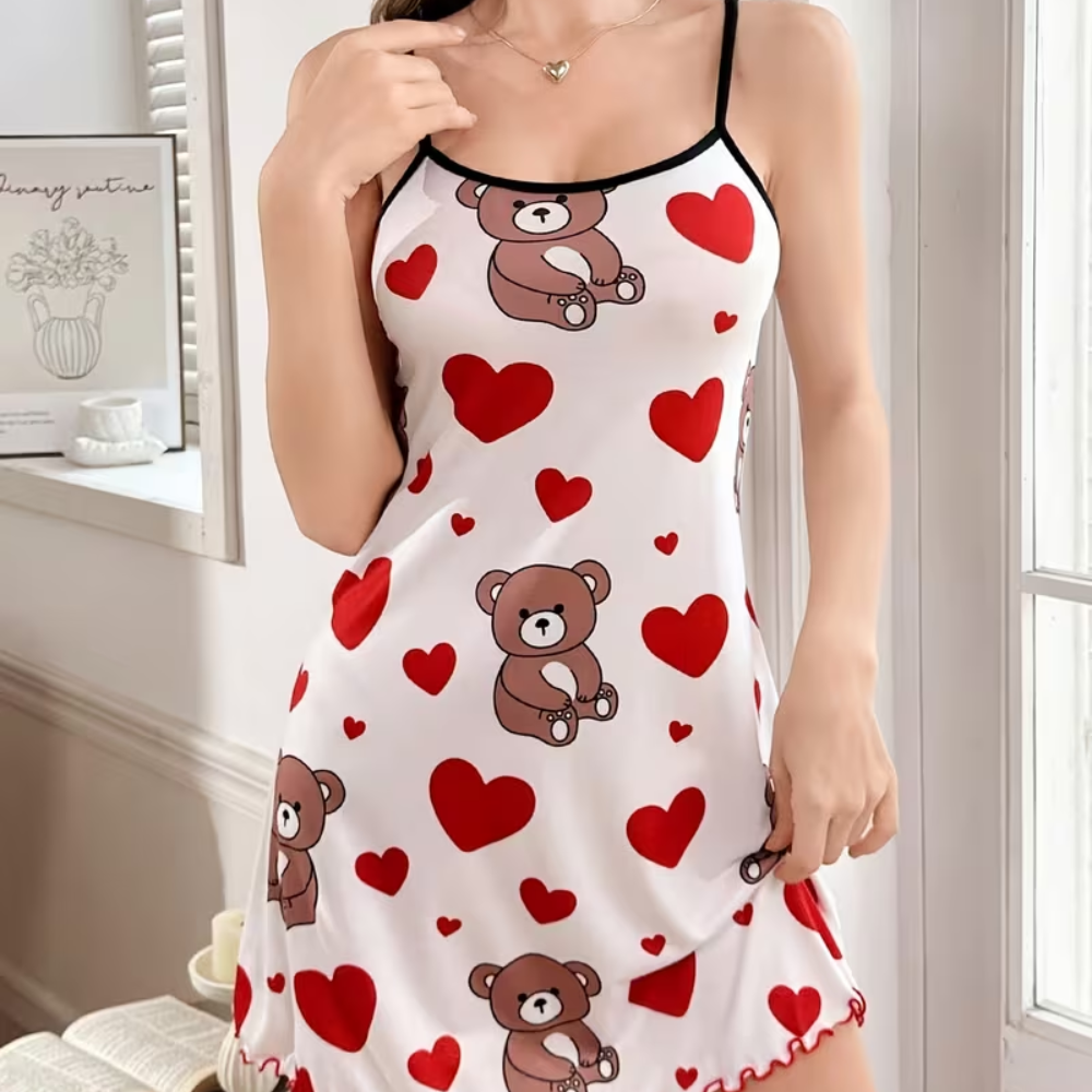 Bear Pattern Camisole Nightgown With Smooth Fabric For Women
