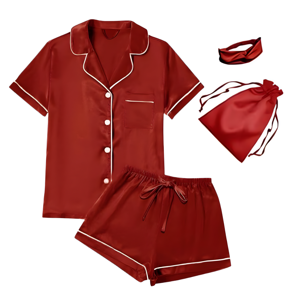 4 Pieces Women Satin Floral Pajama Set Short Sleeve Sleepwear