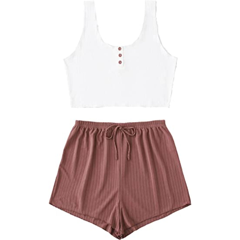 Women's 2 Piece Sleeveless Button Crop Tank Tops & Shorts Lounge Set-Original Pajamas