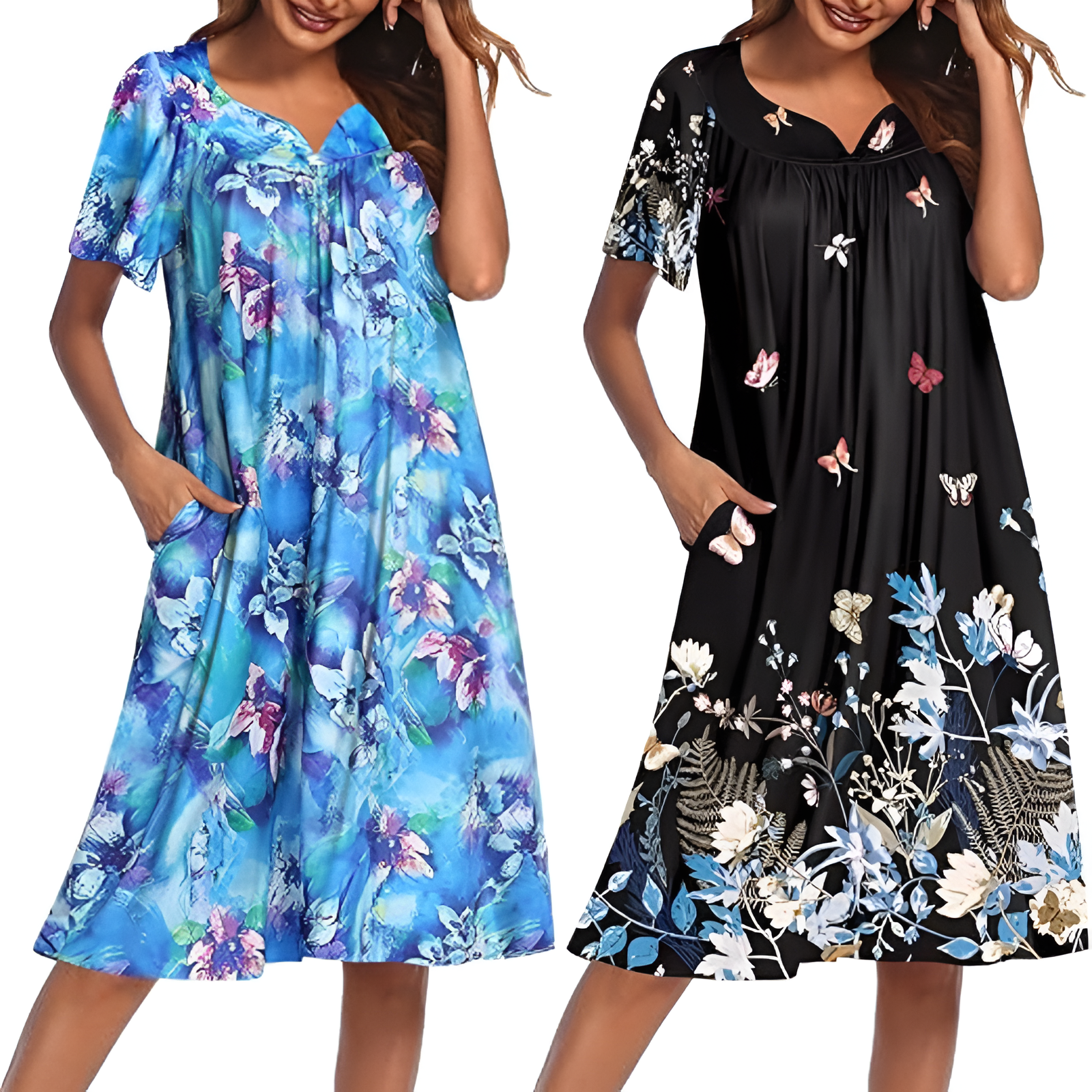 Pack Of 2 Casual House Dresses For Women With Pockets And Floral Print