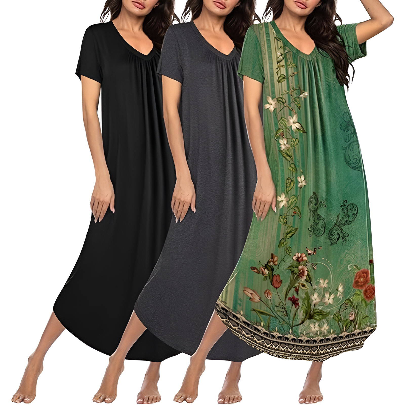 Pack Of 3 Long Nightgowns For Women With Short Sleeves