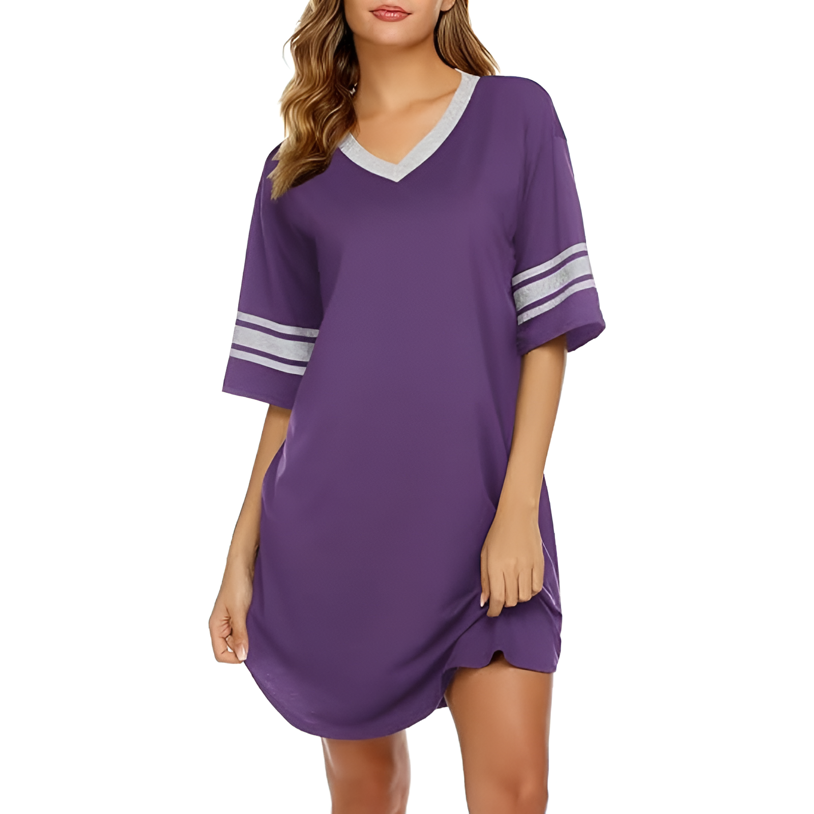 Nightgown Sleepwear With Short Sleeves And Color Block For Women