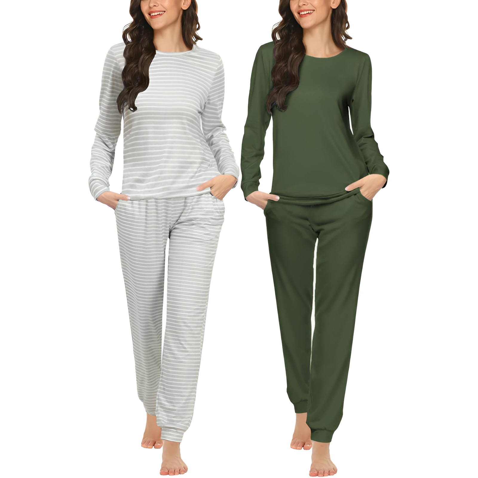 Pack Of 2 Long Sleeve Top And Jogger Pants Pajama Set With Pockets For Women