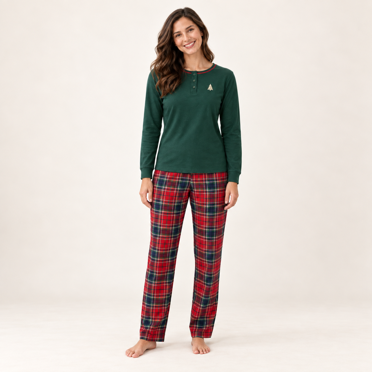 Christmas Family Matching Pajama Set with Green Henley Top and Red Tartan Plaid Pants for Women, Men, Kids, Baby and Dog