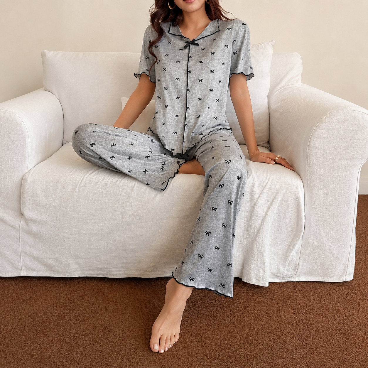 Two Piece Bow Print Lapel Pajama Top And Long Pants Set For Women