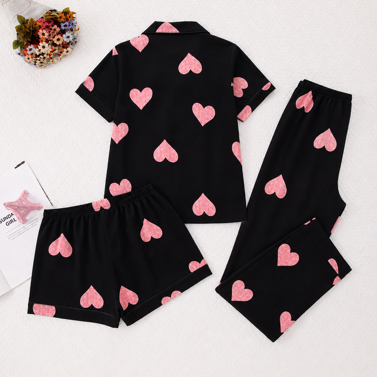 Casual Sleepwear 3 Piece Front Top Pajama Set With Button For Women