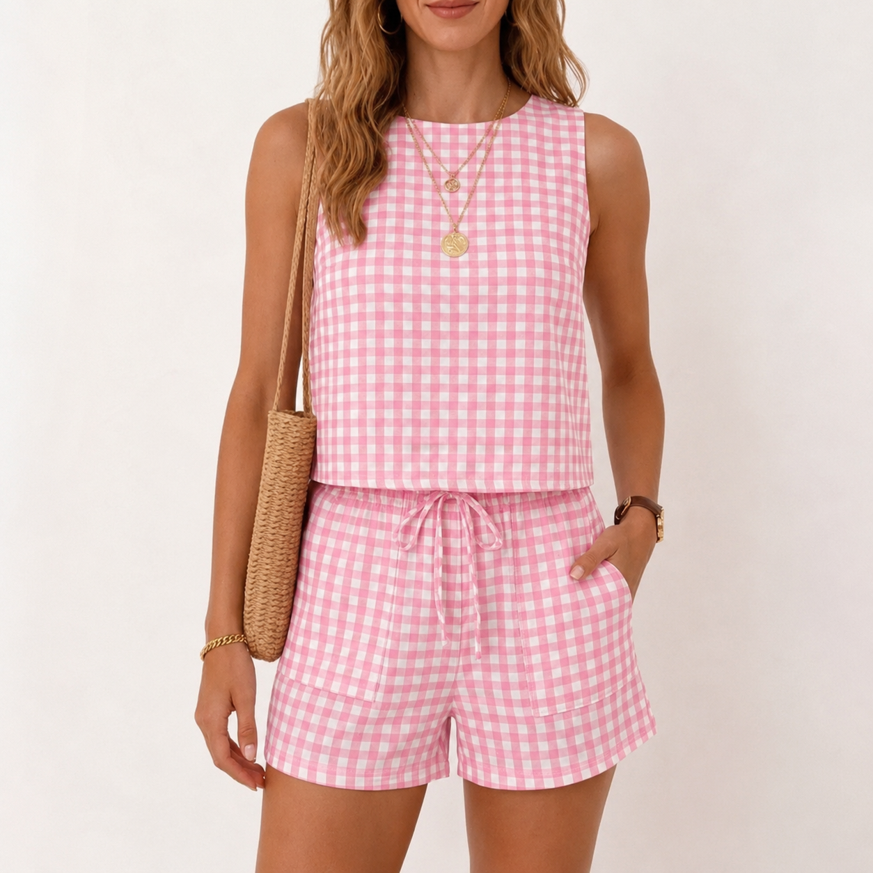 Casual 2 Piece Matching Sleeveless Blouse And Short Sets For Women