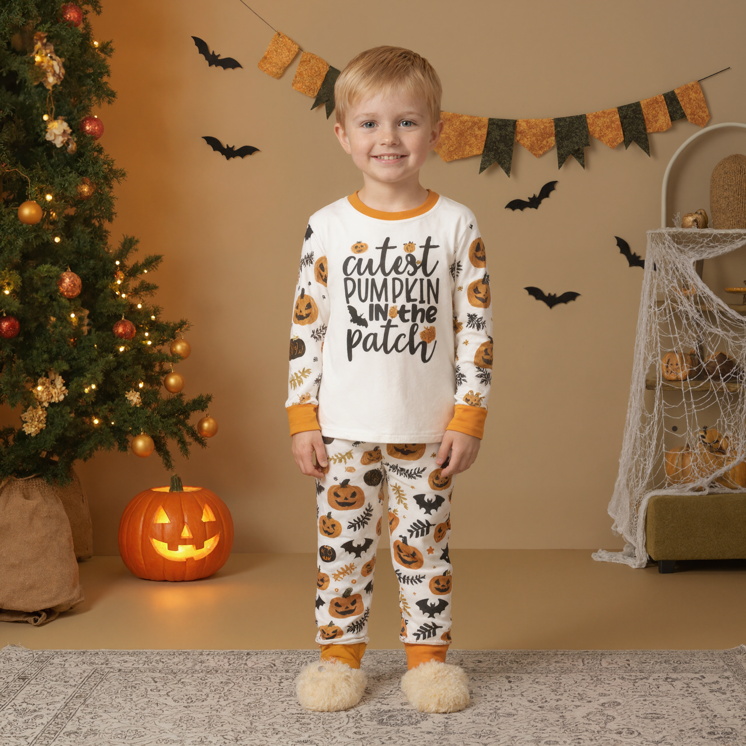 Halloween Letter Print & White pumpkin leaves Graphic Family Matching Pajama Sets