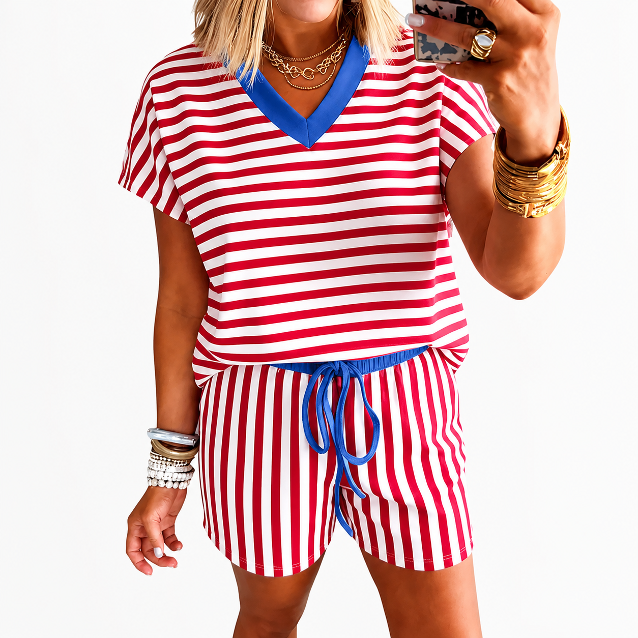 Casual Striped Pattern Shorts And Top Set For Women