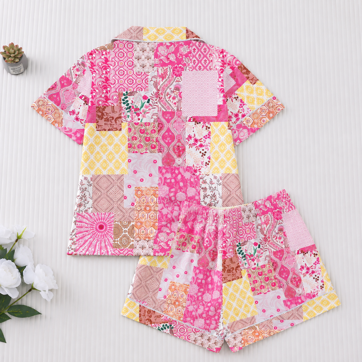 Casual Floral Print Button Up Shirt And Elastic Shorts Pajama Set For Women