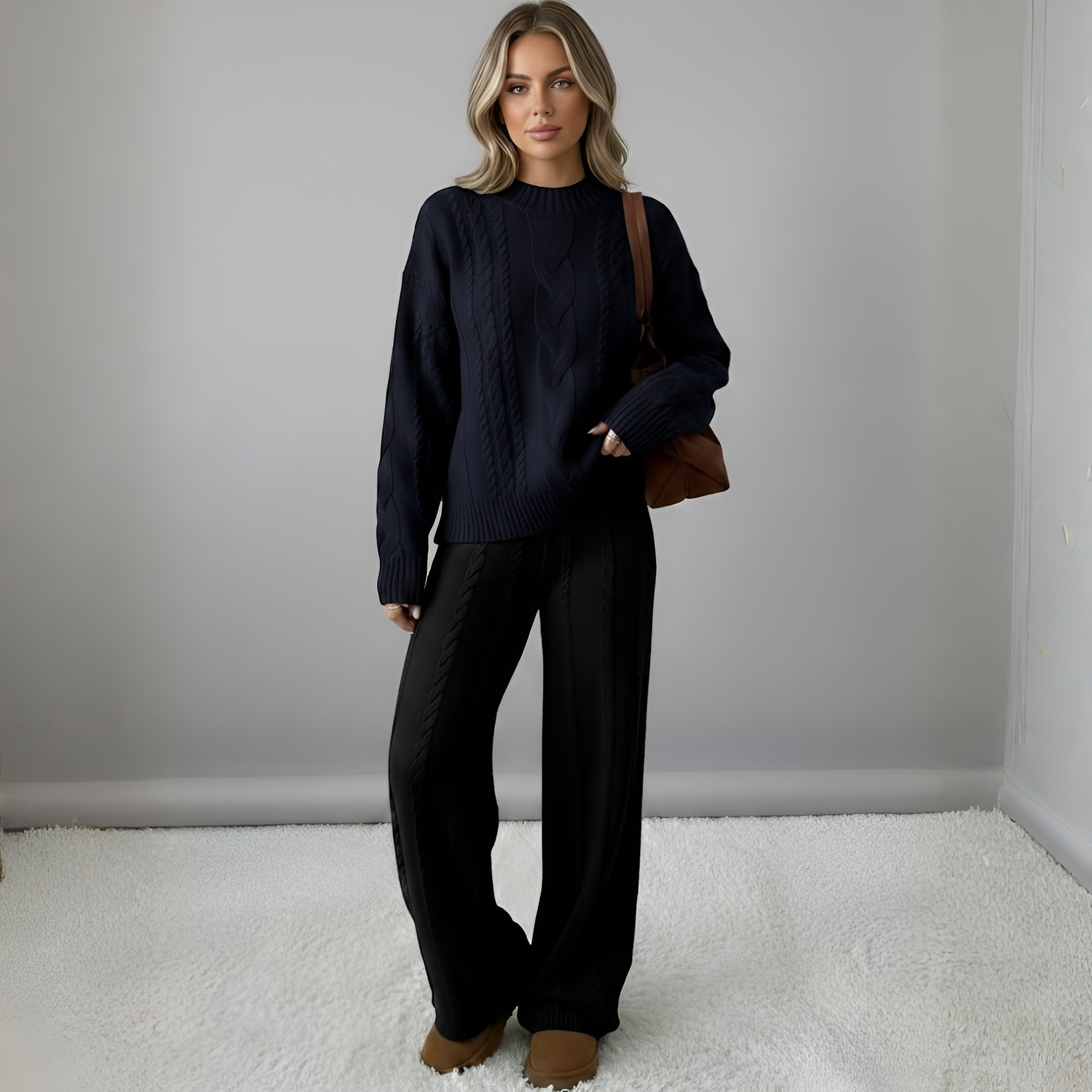 Women's Winter Solid Color Round Neck Long Sleeve Simple Top And Pants Casual 2pcs Set, Winter Clothing