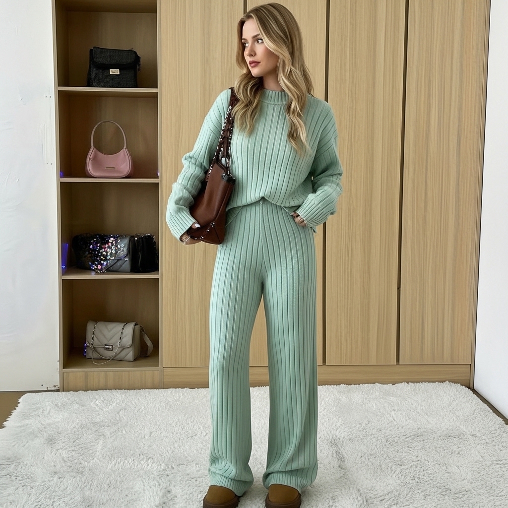 Winter Solid Sweater Pants Set