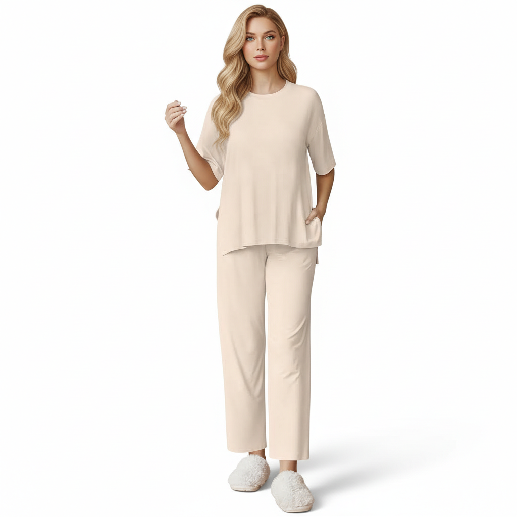 Two Piece Lounge Pajama Set With Short Sleeve Top And Pants For Women