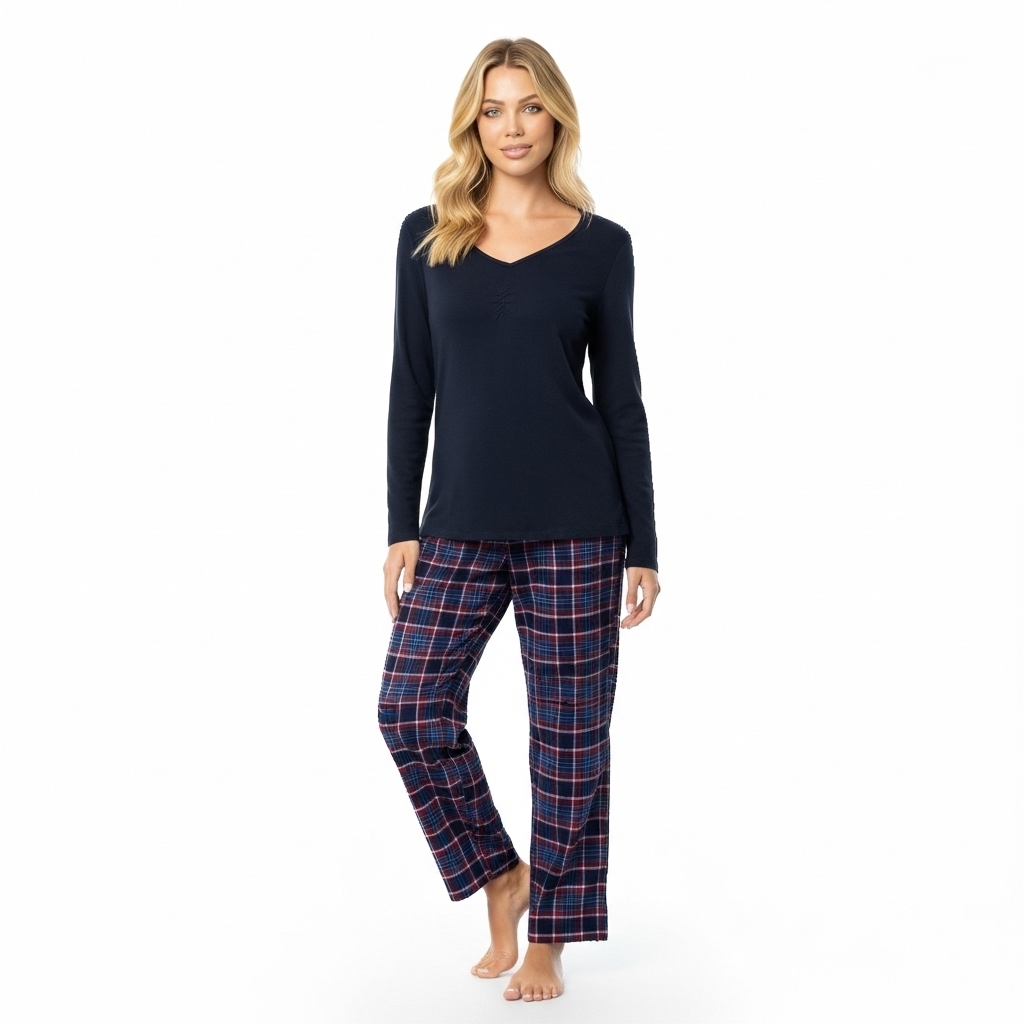 Long Sleeve Top And Plaid Pajama Set For Women