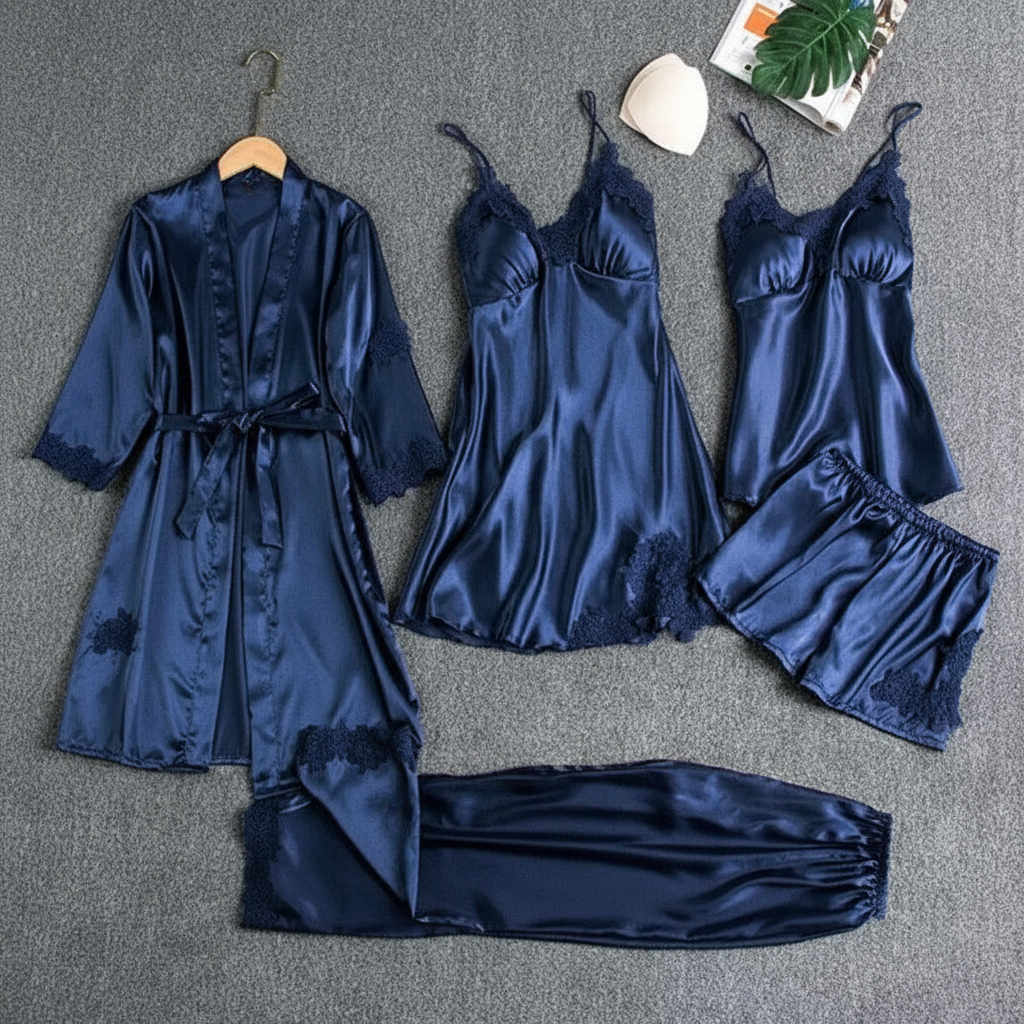 5 Piece Lace Trim Pajama Set With Robe And Lounge Pants