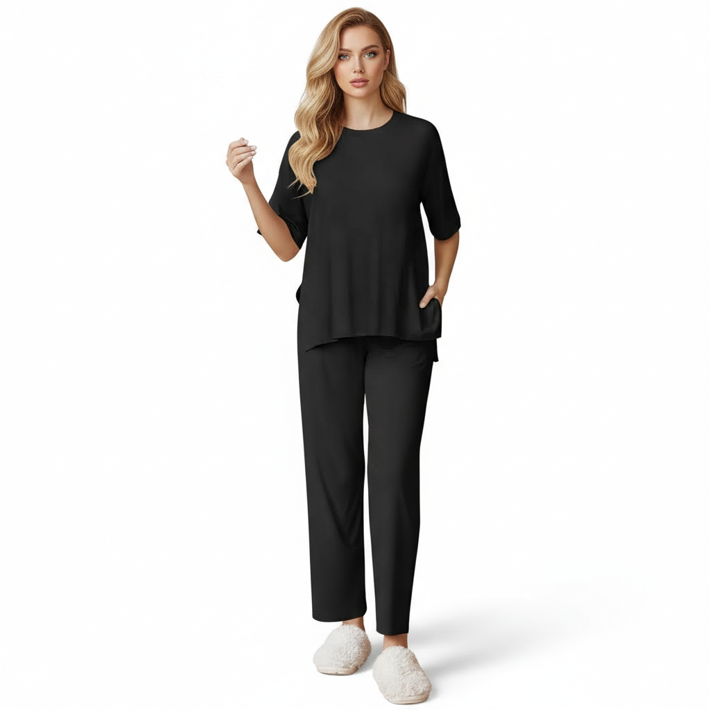 Two Piece Lounge Pajama Set With Short Sleeve Top And Pants For Women