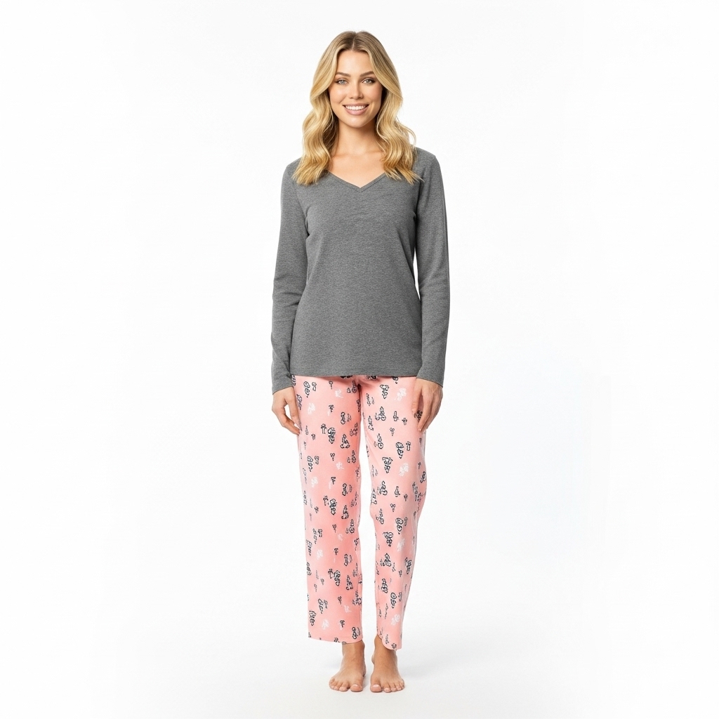 Long Sleeve Top And Plaid Pajama Set For Women
