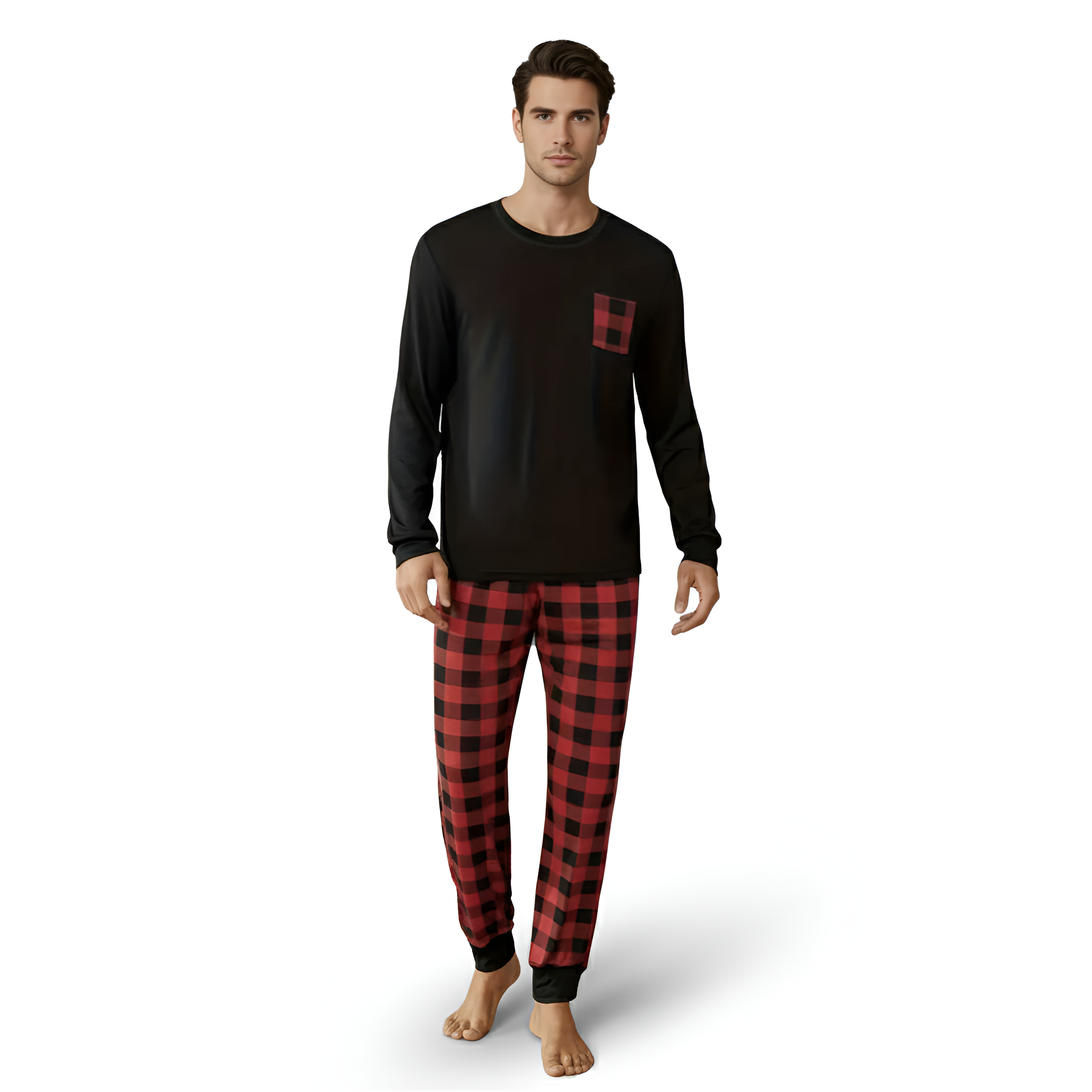 Casual Long Sleeve Plaid Pajama Set For Men